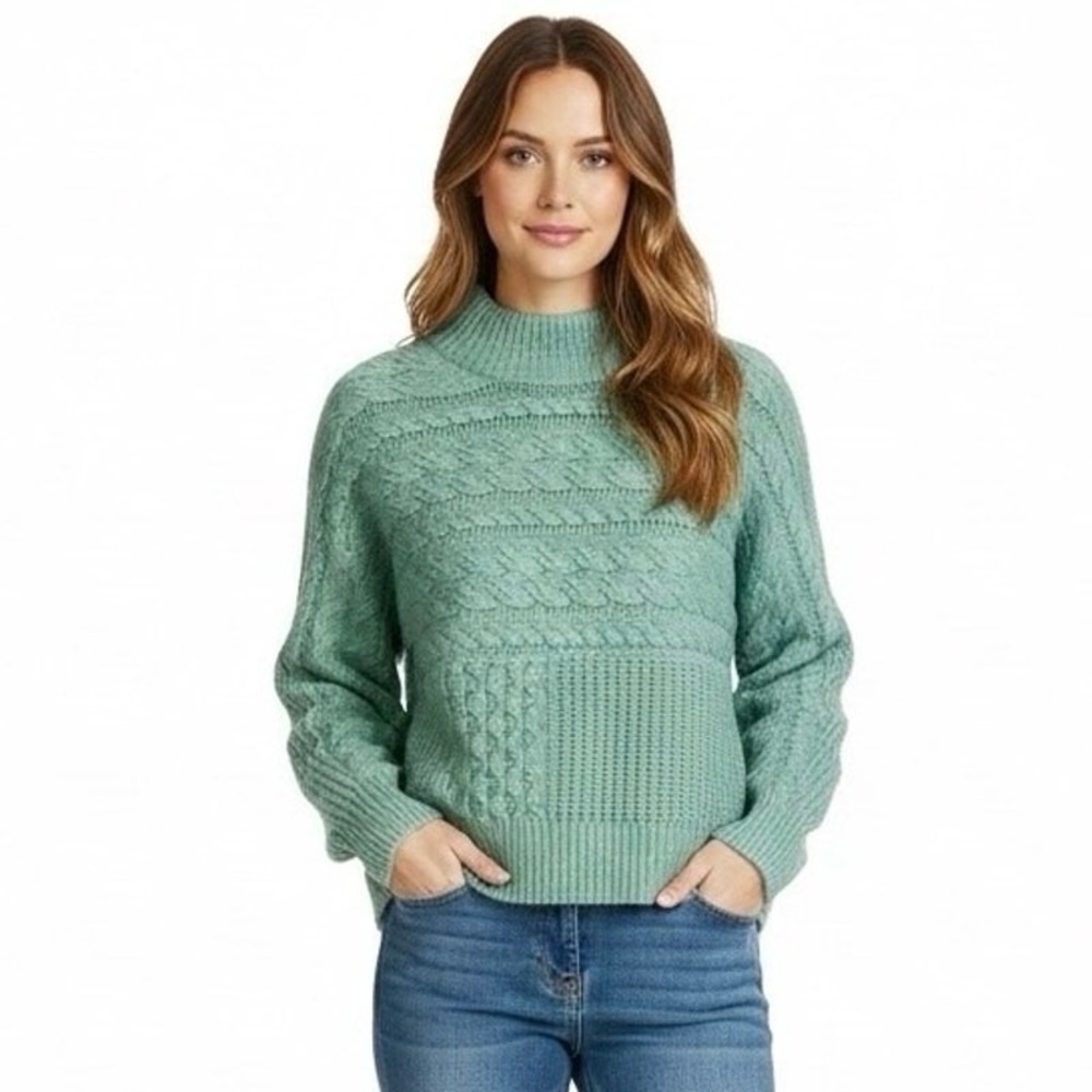 Witty Fox Cable Patchwork Mock Neck Sweater Mint Green Marl Relaxed Size S